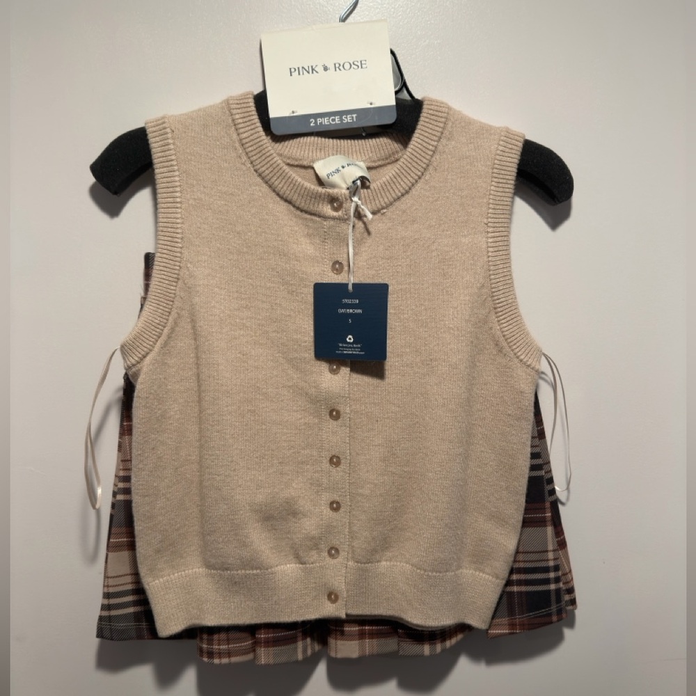 Pink Rose Beige Sweater Vest with Plaid Skirt Set